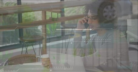 Poster - Animation of digital screen over happy biracial man using smartphone