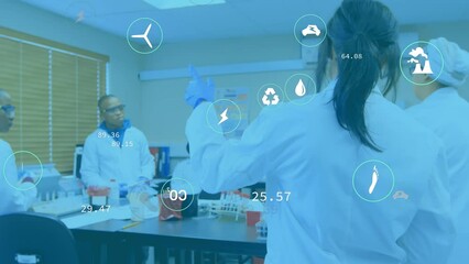 Poster - Animation of eco icons over diverse lab workers