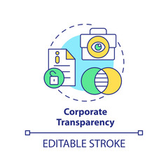 Corporate transparency concept icon. Ethical company behavior abstract idea thin line illustration. Financial information. Isolated outline drawing. Editable stroke. Arial, Myriad Pro-Bold fonts used