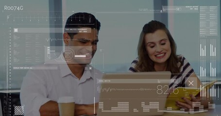 Poster - Animation of data processing over diverse business people using laptop