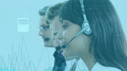 Poster - Animation of data processing and icons over diverse business people using phone headset