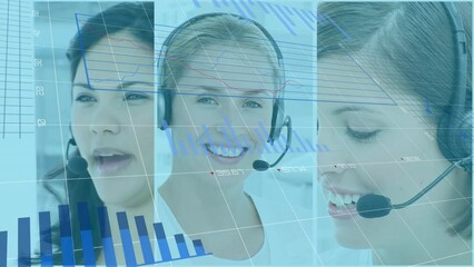 Poster - Animation of data processing over diverse business people using phone headset