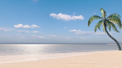 Wall Mural - Relaxing seascape with wide horizon of the sky and the sea. Beautiful sky and blue ocean, blue sky. White sand and turquoise water. 3d rendering.
