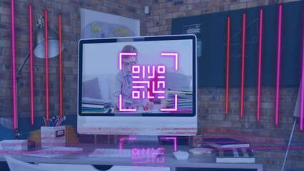 Poster - Animation of neon qr code and lines over caucasian schoolboy on computer screen