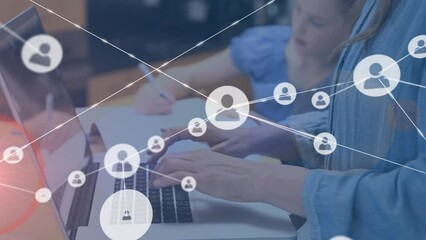 Poster - Animation of network of connections with icons over caucasian woman and her daughter using laptop