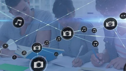 Poster - Animation of network of connections with icons over diverse group of students