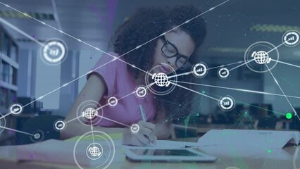 Poster - Animation of network of connections with icons over biracial female student