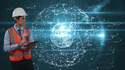 Poster - Animation of network of connections over caucasian male worker with tablet