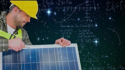 Poster - Animation of mathematical equations over caucasian male worker with solar panel