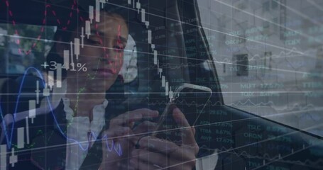 Poster - Animation of data processing over caucasian businesswoman using smartphone