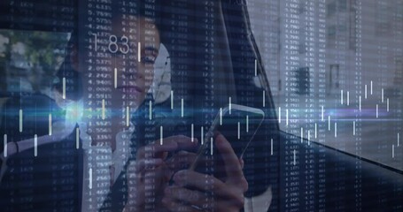 Poster - Animation of data processing over caucasian businesswoman using smartphone