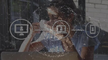 Poster - Animation of data processing and icons over caucasian businesswoman in office