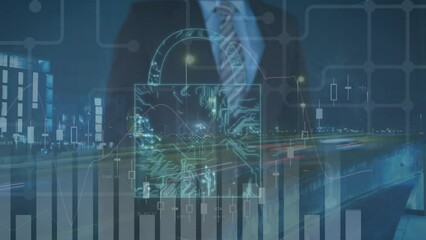 Poster - Animation of data processing and padlock with caucasian businessman over cityscape