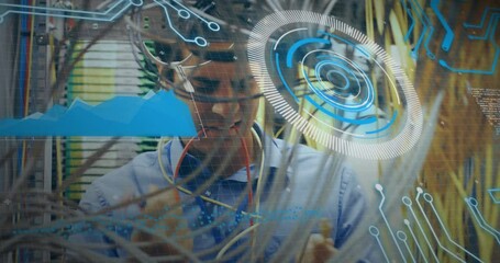 Poster - Animation of digital interface over caucasian server room worker