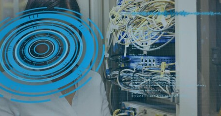Poster - Animation of digital interface and data processing over caucasian female server room worker