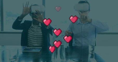Poster - Animation of falling hearts over two diverse men using vr headsets