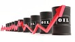 Barrels of oil on a white background with a red up arrow. The rise in oil prices, graph on a white background. 3d render.