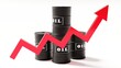 Oil price growth chart, red arrow on the background of black barrels, 3d image, 3d render.