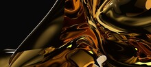 3d Render Of Dark And Gold Cloth. Iridescent Holographic Foil. Abstract Art Fashion Background.