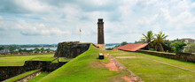 Old Clock Tower In Galle Fort. Wide Photo.
