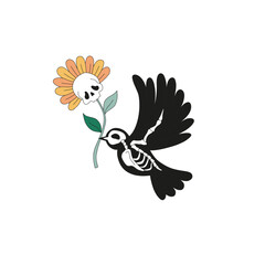 Wall Mural - Black Peace bird skeleton with skull flower in the beak vector illustration isolated on white. Boho hippie retro 60s 70s bird floral print for Halloween.