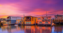 Colorful House Boats Floating On Water In Sausalito, 2016: San Francisco , United States