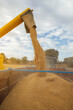 © ADDICTIVE STOCK - Combine harvester unloading grains in countryside
