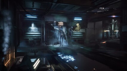 Poster - aliens inspect an old deserted spaceship. apocalyptic atmosphere of an old spaceship. crashed spaces