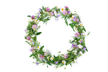 Beautiful Wreath With Colorful Flowers Isolated On A White Background. Midsummer Celebration Concept, Summer Decoration. Top View.