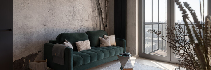 Wall Mural - Green sofa in living room with big window, panorama