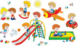 Fototapeta Pokój dzieciecy - Vector cartoon set of happy little children playing on a summer playground in a park
