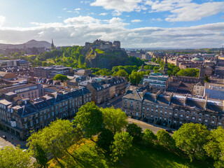 New Town aerial view on Charlotte Square with Edinburgh Castle in Edinburgh, Scotland, UK. New Town Edinburgh is a UNESCO World Heritage Site since 1995. 