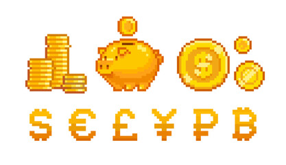 Pixel Art golden Piggy Bank with coins icons. World currency pixel icon set. Save money. Financial investment or the concept of saving money. Isolated vector illustration in retro 8-bit game style