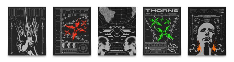 Wall Mural - retro futuristic posters with head with spikes, shurikens, spheres and spiders . in techno style, st