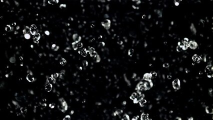 Poster - The movement of a drop of water in flight. Top view. On a black background. Filmed on a high-speed camera at 1000 fps.