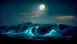Night fantasy seascape with beautiful waves and foam. Night view of the ocean. Neon foam on water waves. Reflection in the water of the starry sky. 3D illustration.