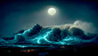 Night fantasy seascape with beautiful waves and foam. Night view of the ocean. Neon foam on water waves. Reflection in the water of the starry sky. 3D illustration.