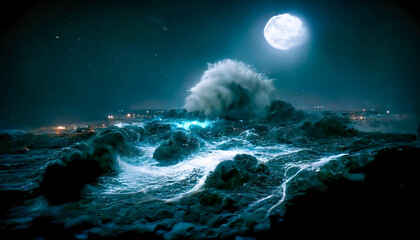 Wall Mural - Night fantasy seascape with beautiful waves and foam. Night view of the ocean. Neon foam on water waves. Reflection in the water of the starry sky. 3D illustration.