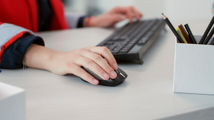 Poster - marketing consultant working on computer to plan business growth, using modern technology to create 