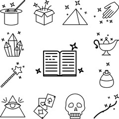Poster - Magic book icon in a collection with other items