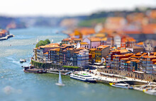 Aerial View Of Old Center Of City Of Porto And Douro River, Portugal. Tilt-shift Miniature Effect