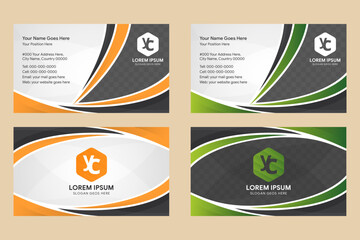 Poster - horizontal layout of business card with dark grey gradient and black background. orange and green gradient curve shape as element design. space for photo and text