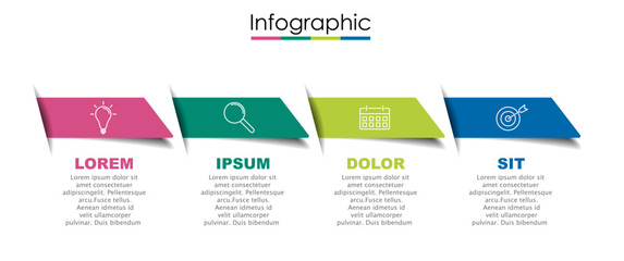 Wall Mural - Vector infographic template with four steps or options. Illustration presentation with thin line elements icons.  Business concept graphic design can be used for web, paper brochure, diagram