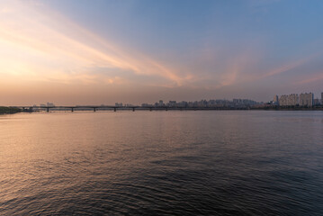 Wall Mural - Han river and Seoul cityscape sunset view in South Korea