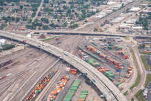 Aerial View Of The CN Schiller Park Intermodel Rail Yard In The Suburbs Of Chicago Next To I-294 