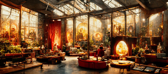 Wide shot of scenery in a museum or archive which is flooded by light and different types of illumination 