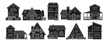 House Front Line Engraving Set. Various Facade Village Or Urban, Small And Tiny Houses. Stamp Modern Or Vintage Cozy Buildings. Residential Homestead, Cottage Or Villa Facades Apartment Silhouette