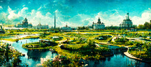 Rendering Of A Scenery With Beautiful Castles And Royal Buildings Near A Stream Of Rivers And A Lush Green Field Of Grass Rendering Scenery Cinematic Panorama