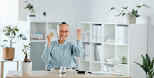Celebrating, Happy And Smiling Accountant Looking Cheerful, Joyful And Excited After Reaching Savings Target At Work. Portrait Of Female Professional Cheering For Success After Achieving Finance Goal