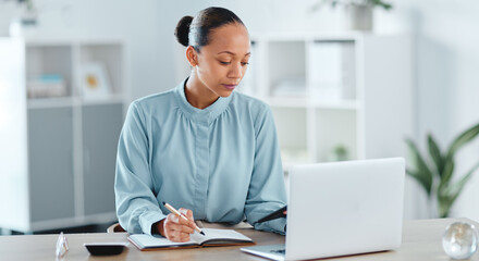 Poster - Busy, smart and serious business manager with a laptop working on schedule, planning and brainstorming ideas inside office. Lady marketing analyst writing strategy for project plan in her diary